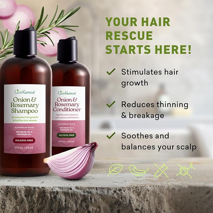 Just Nutritive Onion & Rosemary Shampoo and Conditioner Set, Hair Growth, Hair Loss, Oil Control, Thickening, Strengthening, Sulfate-Free, DHT Blockers, Nourishing, Hydrating, Non-Medicated Hair Care