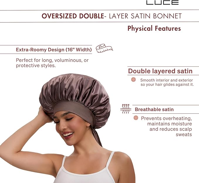 LUCE Satin Bonnet for Sleeping – Adjustable Double Layer Hair Cap for Women, Prevents Frizz & Breakage, Comfortable Night Cap