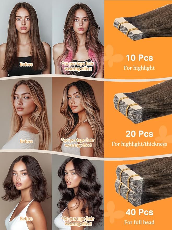 DOORES Tape in Hair Extensions, Chocolate Brown to Honey Blonde 10 Inch 60g 40pcs, Hair Extensions Tape in Human Hair Remy Straight Hair Natural Hair Skin Weft