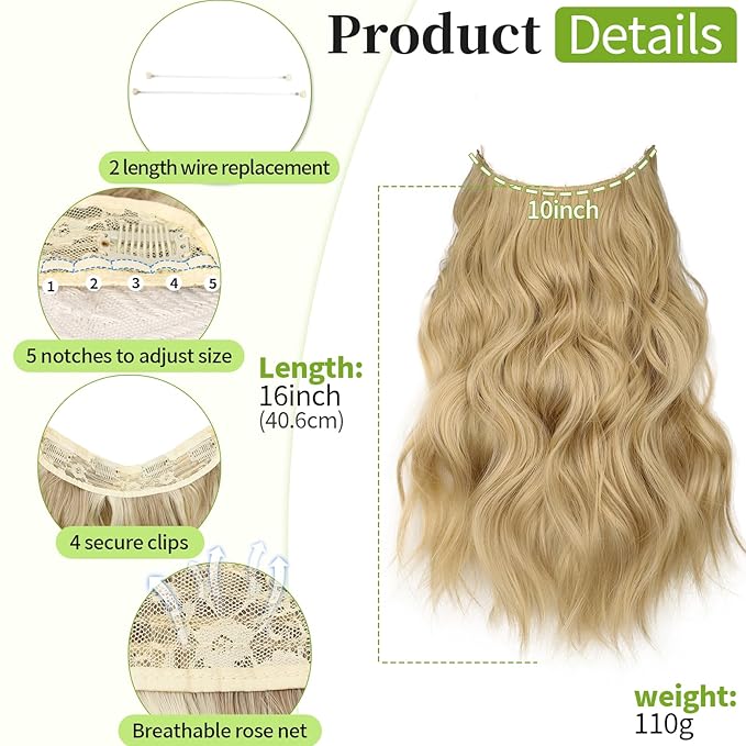 KooKaStyle Invisible Wire Hair Extensions with Transparent Wire Adjustable Size Long Wavy Synthetic Hairpiece 15/613#Golden Blonde 16 Inch with 4 Secure Clips for Women