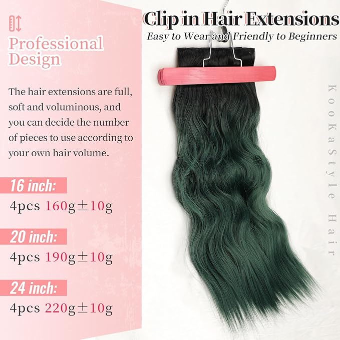 KooKaStyle Clip in Synthetic Hair Extensions Long Wavy 4PCS Thick Hairpieces Black to Green Ombre Fiber Double Weft Natural Hair Extensions 20 Inch for Women