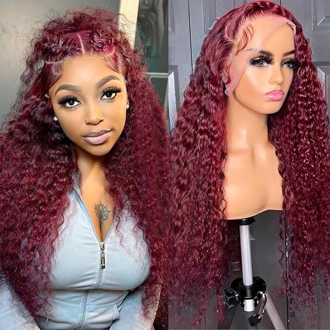 Burgundy Wig Human Hair 99j Burgundy 13x6 Deep Wave Lace Front Wigs Human Hair Pre Plucked 180% Density HD Transparent Lace Frontal Wigs for Black Women Red Colored Wig 22 Inch