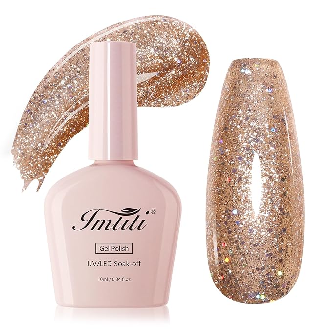Imtiti Glitter Gel Nail Polish, 1Pcs Champagne Gold Gel Polish Sparkle Champagne Gold Soak Off UV LED Gel Polish, Nail Art Starter Manicure Salon DIY at Home for Women (0.34 Fl Oz-1933)