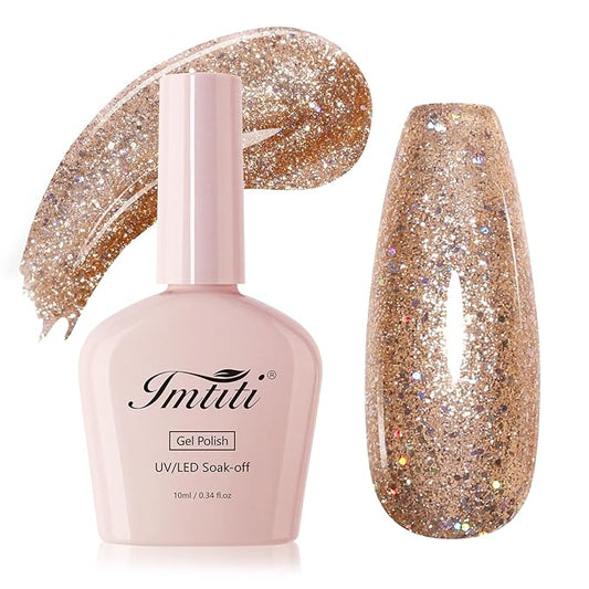 Imtiti Glitter Gel Nail Polish, 1Pcs Champagne Gold Gel Polish Sparkle Champagne Gold Soak Off UV LED Gel Polish, Nail Art Starter Manicure Salon DIY at Home for Women (0.34 Fl Oz-1933)