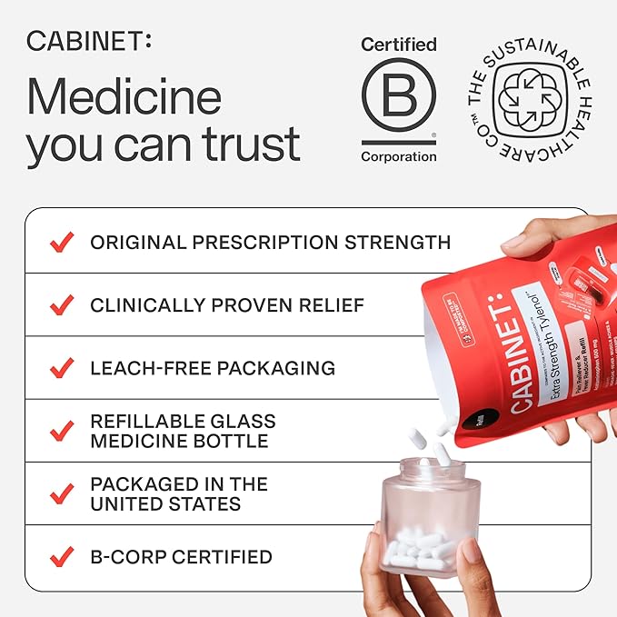 Cabinet: 500mg Acetaminophen for Headache Relief, Toothaches, Sore Throat, and Fever Reducer, Includes 1 Refillable Medicine Jar, 120 Tablets Refillable Glass Jar - w/Travel Tin