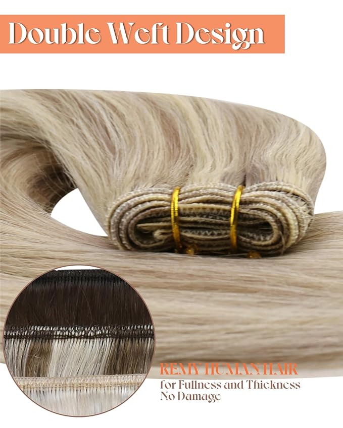 Sunny Hair Sew in Hair Extensions Real Human Hair Blonde Invisible Weft Hair Extensions Human Hair Ash Blonde Highlights Bleach Human Hair Sew in Extensions Long Straight for Women 24inch 100g