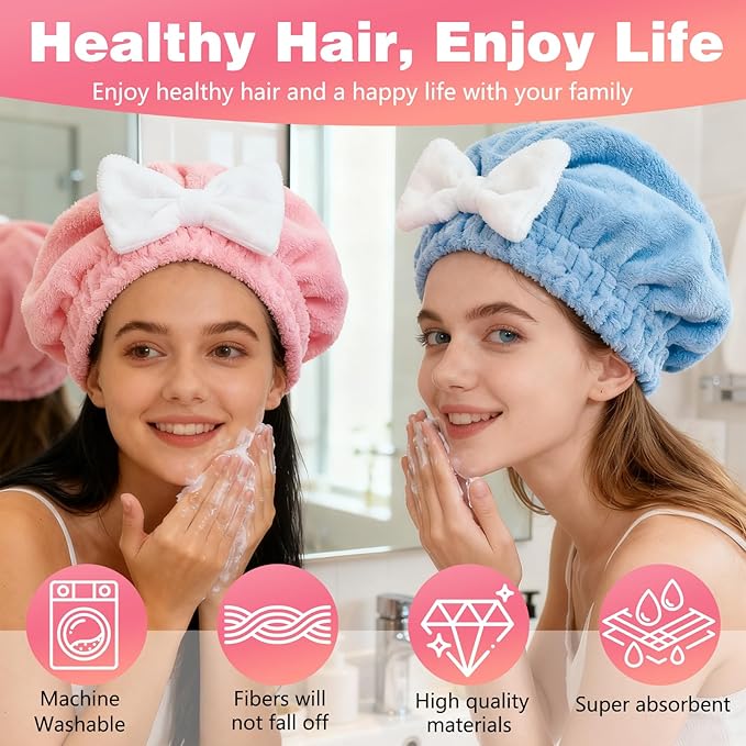 Microfiber Hair Drying Caps, Christmas Absorbent Hair Towel Wrap for Women Wet Hair Quick-Drying Hair Towels, Soft Bow Tie Wet Hair Towel Wrap for Party Favors Goody Bag Filler (Pink+Blue)