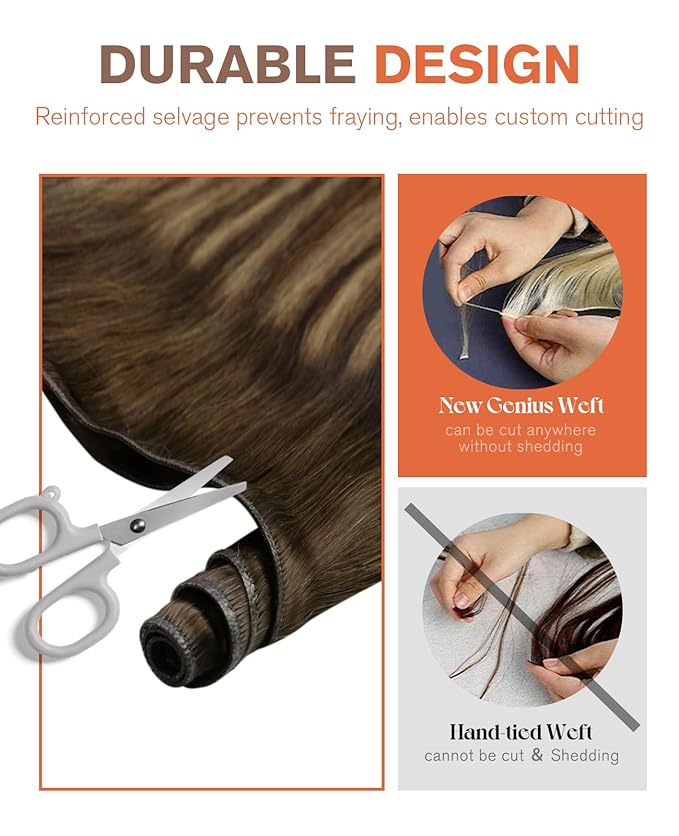 Sunny Hair Genius Weft Hair Extensions Human Hair Brown Blonde Genius Weft Sew in Hair Extensions Balayage Chocolate Brown to Caramel Blonde Human Hair Extension Sew in 22inch