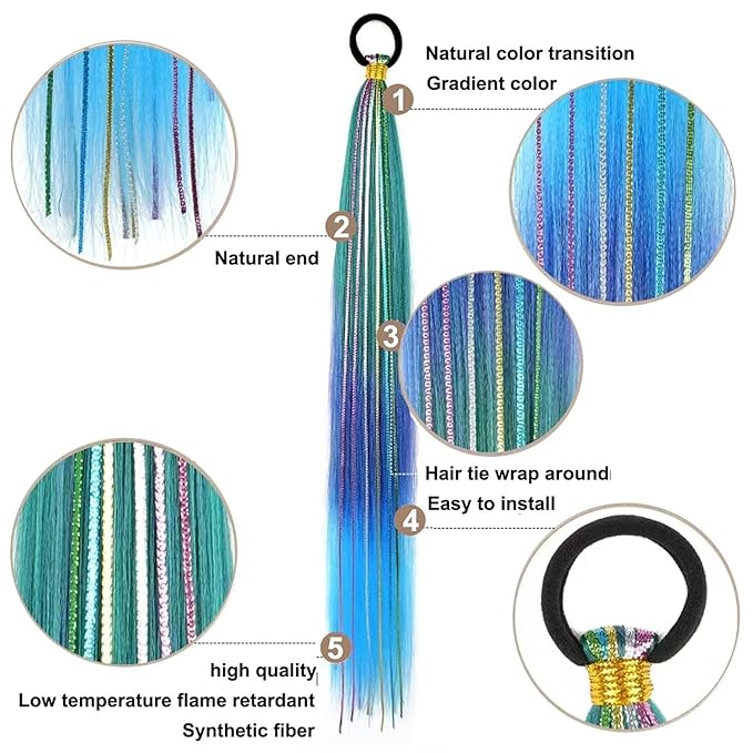 2 Pack Braid Ponytail Extensions, 26 Inch Braided Ponytail Wig with Elastic Tie for Girls (Green/Purple/Blue#, 26 Inch (Pack of 2))