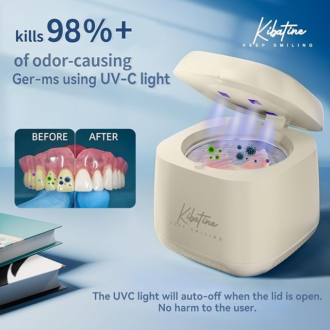 Ultrasonic Retainer Cleaner Machine with 4 UV Lights for Denture Aligner Retainer Mouth Guard Jewelry Rings, Ultrasonic Denture Cleaner for All Dental Appliances
