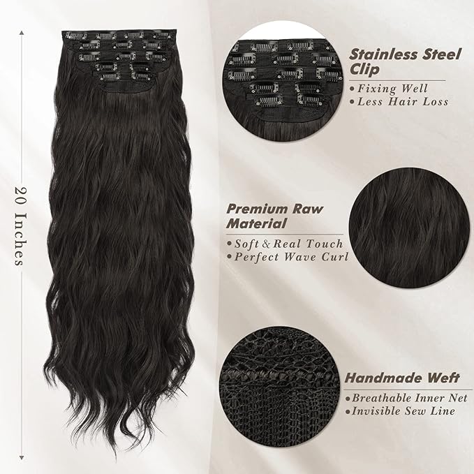 BARSDAR 20 Inch Wavy Clip in Hair Extensions – 5PCS Thick Soft Synthetic Hairpieces – Black Brown Full Head Clip in Hair Extensions for Women – Long Voluminous Easy Wear for Daily Party Halloween