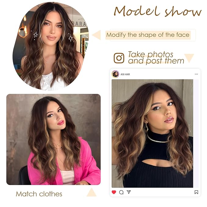 AISI HAIR Highlights Brown Wig for Women Medium Length Wave Curly Glueless Synthetic Heat Resistant Hair Wigs for Daily Party Cosplay