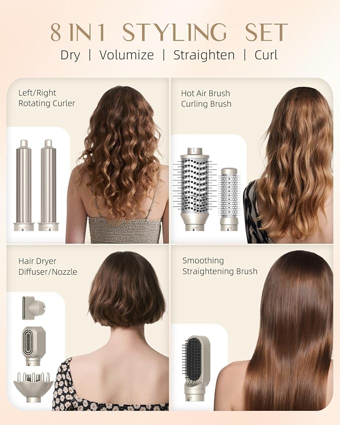 RUCHA 8-in-1 Foldable Hot Air Styler, 110,000 RPM High Speed Hair Nora Styler, Air Curler for Hair, Negative Ion Hot Air Bursh for Frizz-Free Styling Fast Drying Curling Straightening Volumizing
