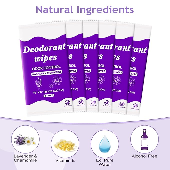 Travel Deodorant Body Shower Wipes Deodorizing Bathing Wipes, Disposable No Rinse Adults Women Men Individually Wrapped Underarm Sweat Antiperspirant Bath Wipe for Travel Camping Gym (Purple,200 Pack)