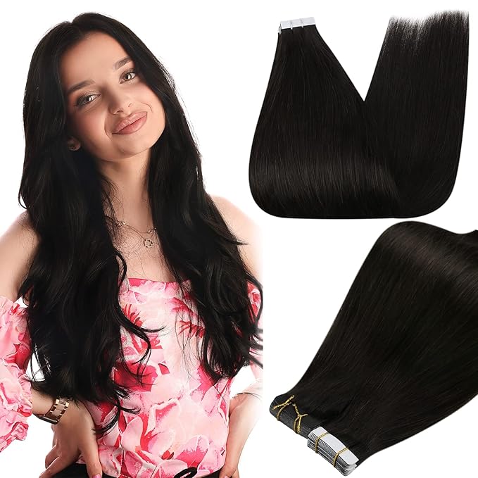 Full Shine Seamless Tape in Hair Extensions Color 1B Black Tape in Extensions Human Hair Double Sided Adhesive Skin Weft Remy Straight Extension for Women 18Inch 100G for Wedding 40Pcs