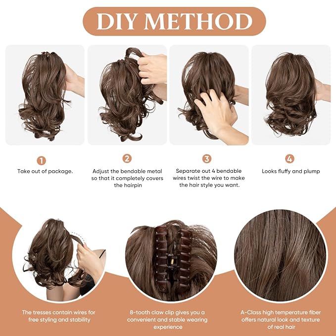 CJL HAIR Claw Clip Short Ponytail Hair Extensions DIY Bendable Metals Messy Bun Hair Piece for Wonen Wavy Curly Synthetic Fake Hairpieces Black Brown