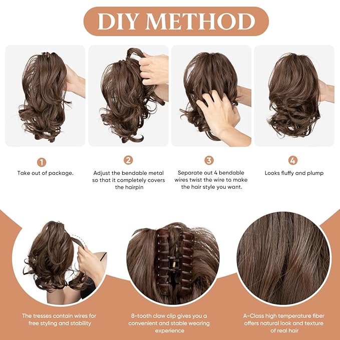 CJL HAIR Claw Clip Short Ponytail Hair Extensions DIY Bendable Metals Messy Bun Hair Piece for Wonen Wavy Curly Synthetic Fake Hairpieces Dark Brown