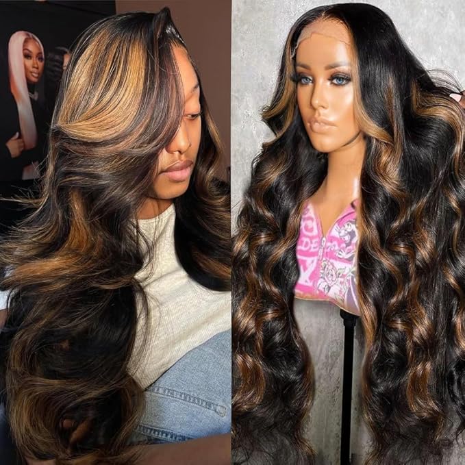 30Inch 13x6 Highlight Body Wave Lace Front Wig Human Hair Pre Plucked 180% Density 1B/30 Ombre Frontal Wigs Brazilian Virgin Human Hair Wigs for Women Pre Plucked with Baby Hair