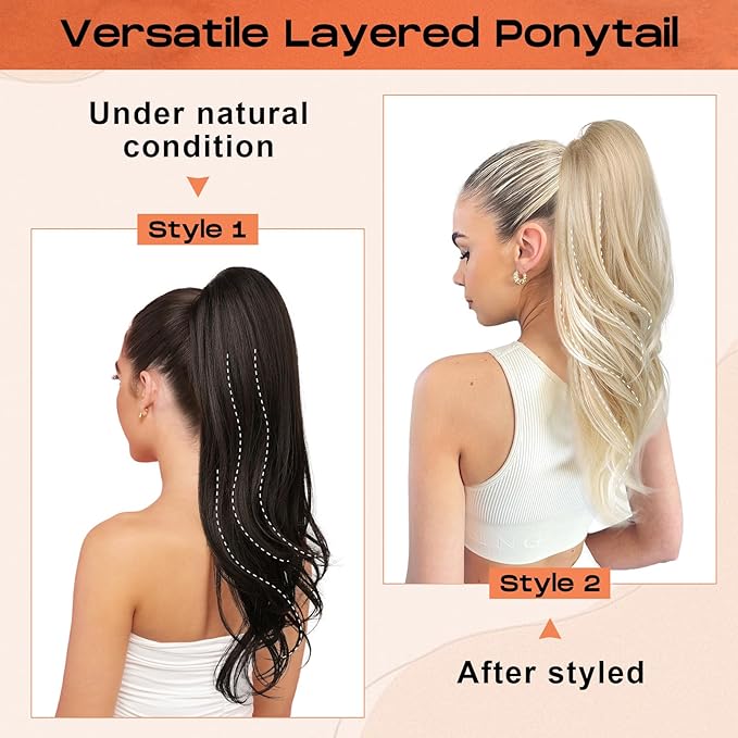 SEIKEA Versatile Drawstring Ponytail Extension, 26" Long Wavy Multi Layered Clip in Ponytail Hair Extensions Stand Up High Fake Pony Tail Soft Natural Synthetic Hairpiece Dark Blonde/White Blonde
