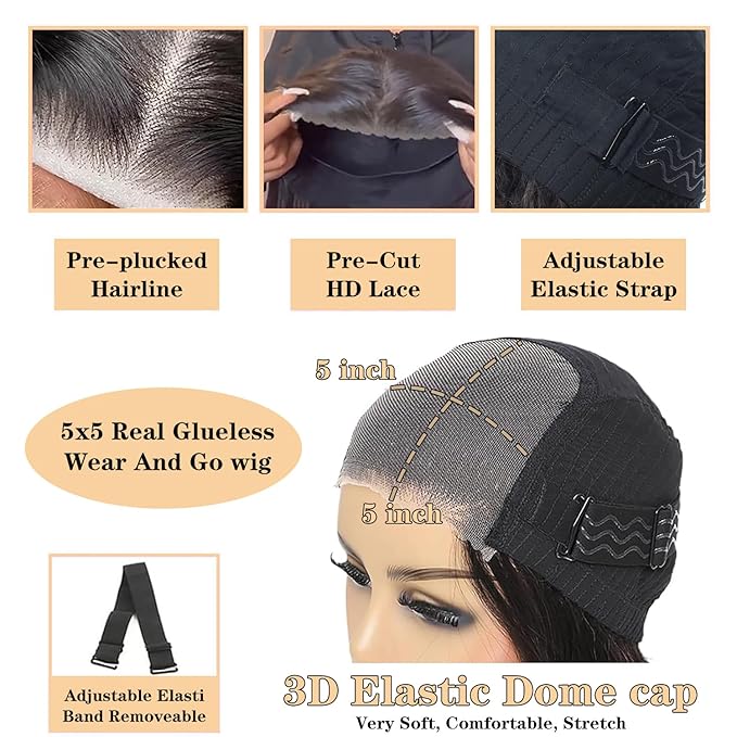 Wear and Go Glueless Wigs Human Hair Pre Plucked Pre Cut 5x5 HD Closure Wigs Human Hair Deep Wave Lace Front Wigs for Black Women 210% Dentisy 12A Deep Curly Glueless Wig Bleached Knots (30 Inch)
