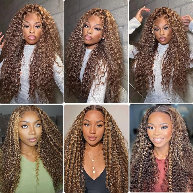 5x5 Highlight Water Wave Closure Wigs Human Hair 180% Density Curly Human Hair Wig Pre Plucked 24inch P4/27 Ombre 5x5 HD Lace Closure Wigs for Women(427curly 24inch)
