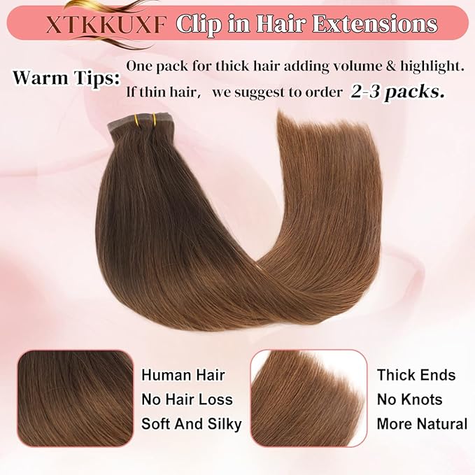 Seamless Clip in Hair Extensions Real Human Hair For Women 125g 20 Inch Dark Brown and Medium Brown Balayage Invisible PU Skin Weft Remy Human Hair Extensions clip ins 7Pcs 18 Clips