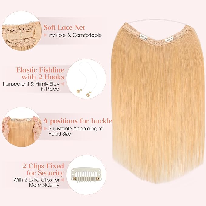 Hairro Wire Hair Extensions Human Hair, Fish Line Invisible Adjustable & Clips in Extensions Straight, 100% Real Hairpieces Seamless Blending for Women, 18 Inch 80g Natural Blonde