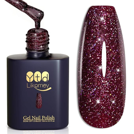 YTD Likomey Gel Nail Polish,15ml Colorful Wine Purple Glitter Fall Winter Dark Plum Shimmer Shiny Sparkly Salon Home DIY Manicure UV Color Varnish,SF402
