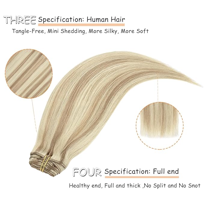 Caliee Human Hair Clip in Hair Extensions Highlight Golden Brown #10 and Bleach Blonde #613 Real Human Hair Silky Straight Clip in Double Weft Lace Clip ins 120g 16inch