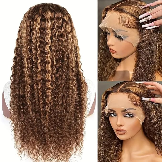 Highlight 13x4 HD Lace Front Wigs Human Hair 4/27 Deep Wave for Black Women 180 Density Ombre Honey Blonde Curly Glueless Lace Frontal Wigs Human Hair Pre Plucked (32inch)