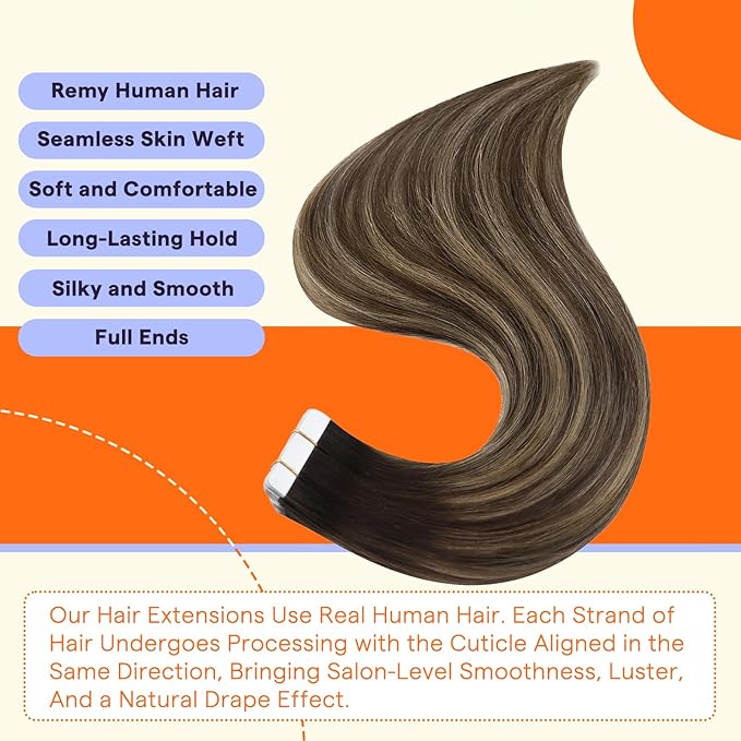 Full Shine Hair Extensions Real Human Hair Tape in 14 Inch Double Sided Tape in Hair Extensions Ombre Color 4 Fading to 24 Honey Blonde Highlight 4 Medium Brown 20PCS Remy Hair 50g for Party