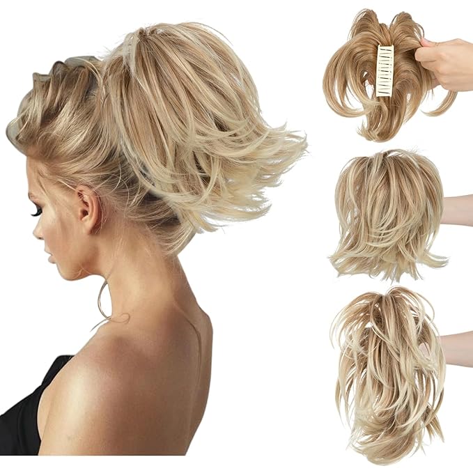 CJL HAIR Claw Clip Short Ponytail Hair Extensions DIY Bendable Metals Messy Bun Hair Piece for Wonen Straight Synthetic Fake Hairpieces Gloden Blonde and Beach Blonde Tips