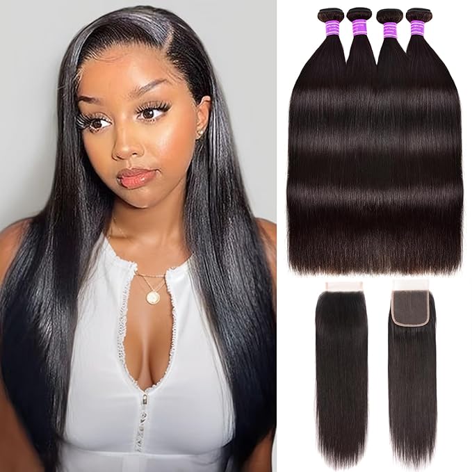 Bundles with Closure Brazilian Straight 4 Bundles with Closure 100% Unprocessed Human Hair Extensions 4x4 Free Part Lace Closure Natural Color (Straight Bundles With Closure, 18 20 22 24+16)