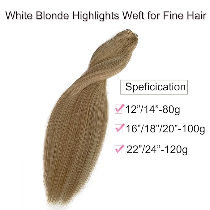Sew in Hair Extensions Real Human Hair Wefts 22 Inch Hand Tied Weft Hair Extensions Beige Blonde and Platinum Highlights Weave Sew in Human Hair Bundles Double Weft 120grams