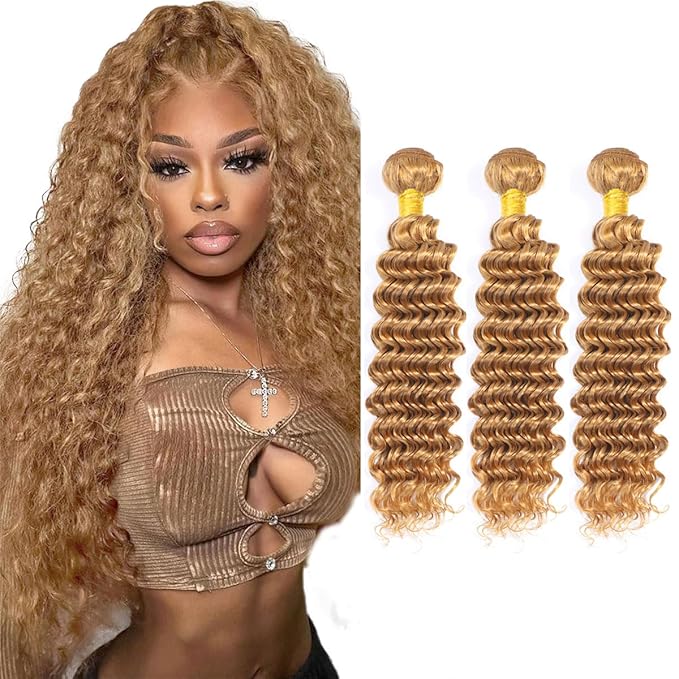 12 14 16 Inch Blonde Bundles Human Hair #27 Honey Blonde Deep Wave 3 Bundle Unprocessed Brazilian virgin hair Weave Extensions Double Weft 50 Grams/Bundle Colored Blonde Bundles for Woman