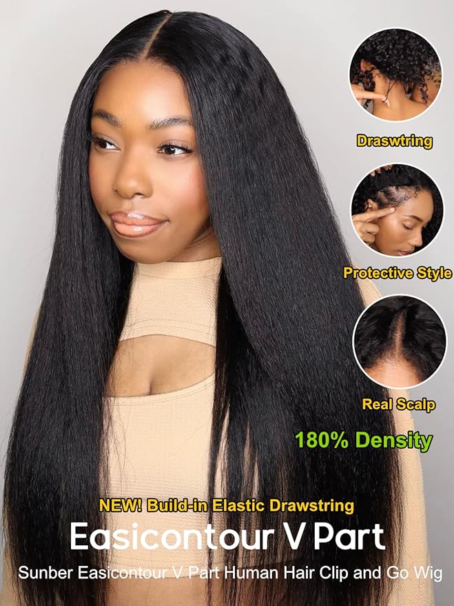 Sunber EasiContour Yaki Straight V Part Human Hair Glueless Wigs with Drawstring No Leave Out No Gel 180% Density Vpart light yaki straight Clip In Half Wigs No Leave Out Real Scalp V Shape 16Inch
