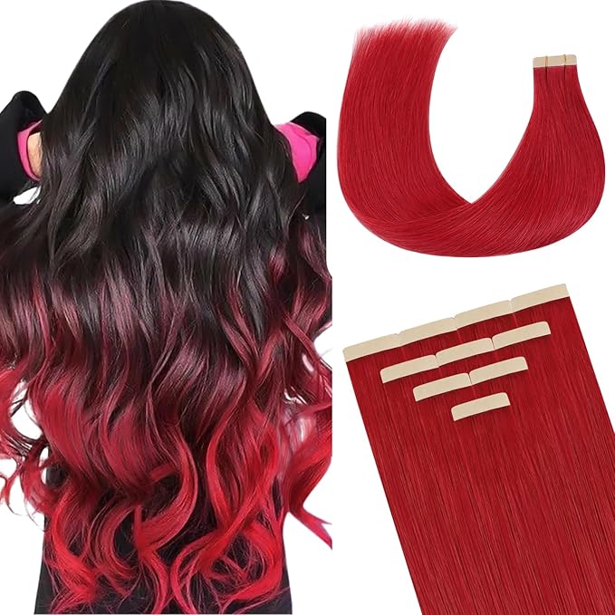 DOORES Hair Extensions Tape in Human Hair, Red 16 Inch 25g 10pcs, Real Remy Hair Straight Natural Extensions