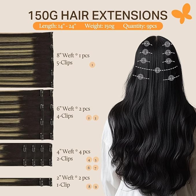DOORES Clip in Hair Extensions, Balayage Natural Black to Light Blonde 22 Inch 150g 9pcs, Remy Clip in Hair Extensions Thick Straight