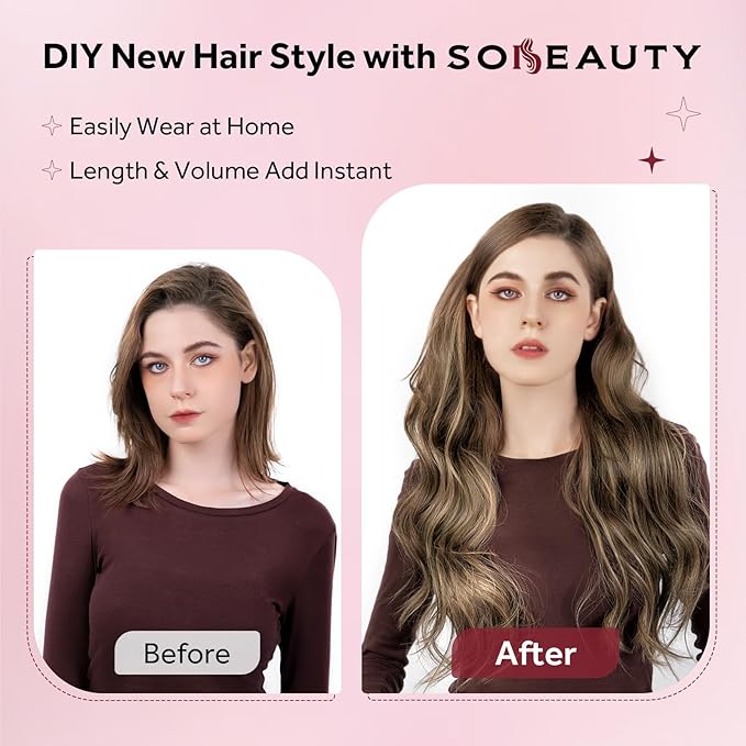 Clip in Hair Extensions Real Human Hair, Invisible Clip In Hair Extensions 100% Human Hair, Balayage Chocolate Brown to Caramel Blonde #4TP27/4 20Inch 120G 7PCS
