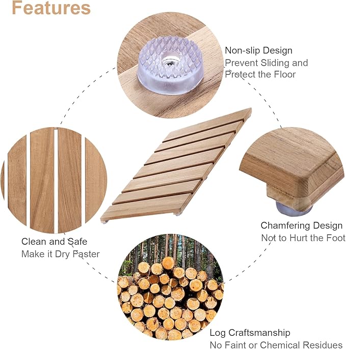 Natural Teak Wood Shower Bath Mat,23.43 * 16.73 Inches,Non-Slip Rubber Feet, Premium Wooden Floor Mats for Spa, Sauna, Pool and Hot Tub, Flooring Decor and Protector, Indoor and Outdoor Use