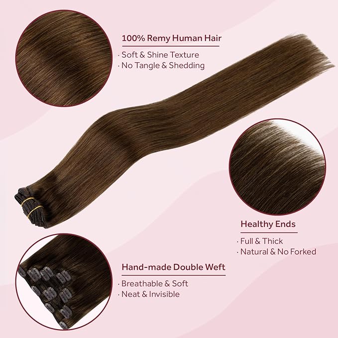 Clip in Hair Extensions Real Human Hair, 100% Remy Chocolate Brown Hair Extensions for Long Hair, Tangle-free&Shedding-free, #4 22Inch 120G 7PCS