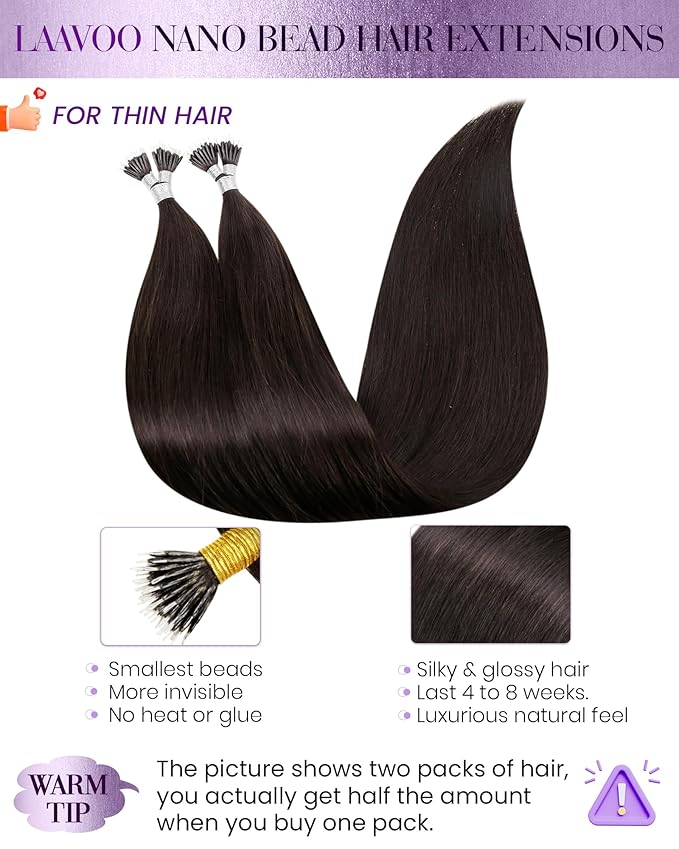 LaaVoo Darkest Brown Nano Bead Hair Extensions Human Hair Brown Nano Ring Hair Extensions Brown 50s 50g 20 Inch