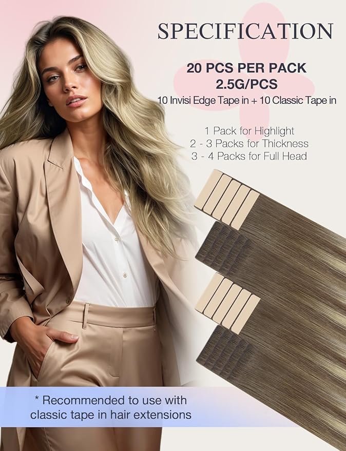 DOORES Invisi Edge Tape in Hair Extensions, Ash Brown to Platinum Blonde 10 Injection Tape-ins with 10 Classic Tape-ins 50g 22 Inch, Injection Tape in Virgin Human Hair
