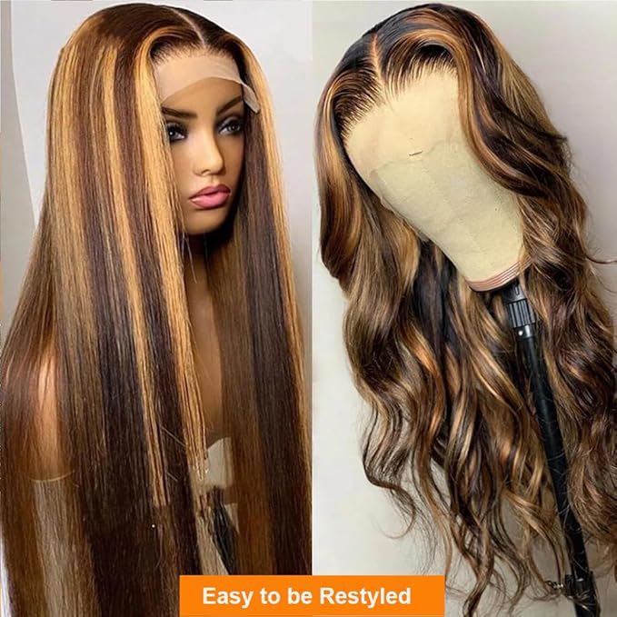Tuneful 30 Inch Ombre Lace Front Wig Human Hair Highlight 4/27 Honey Blonde Colored Wigs 180% Density 13X6 Straight Lace Frontal Wig for Women