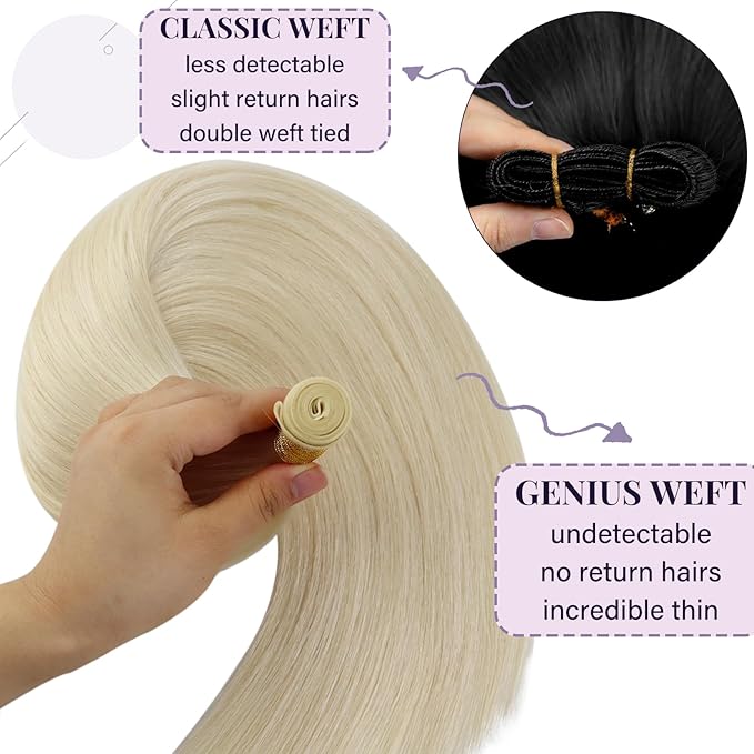 Fshine Genius Weft Human Hair Extensions Platinum Blonde 24 Inch 60g Real Human Hair Sew in Hair Extensions for Women Blonde Human Hair Bundle One Piece Remy Human Hair