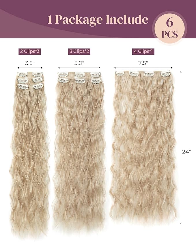 LONAI Clip In Hair Extensions, 6PCS Curly 24" Long Synthetic Clip On Hairpiece For Women Natural Ash Blonde