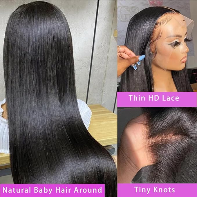 13x6 Straight Lace Front Wigs Human Hair HD Transparent Lace Frontal Human Hair Wigs for Women Glueless Wigs Human Hair Pre Plucked Black Wig 200% Density 22 Inch