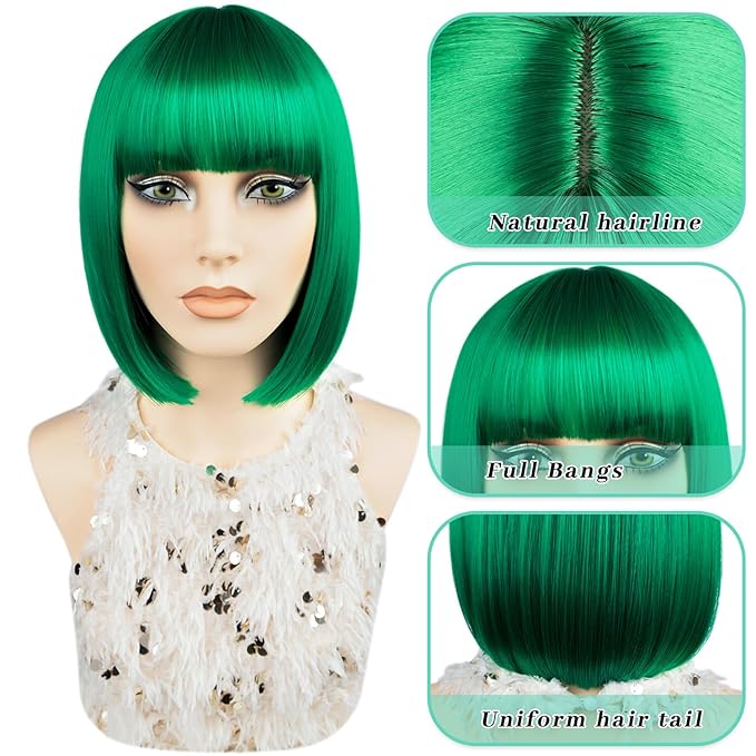 MAYSA Green Wigs with Bangs Short Straight Bob Bangs Wig 12in Synthetic Cosplay Halloween Costume Wig for Women # Green