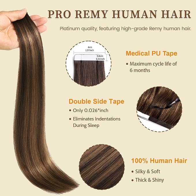 DNE Tape in Hair Extensions Real Human Hair 16 inches 20Pcs/40g/Pack Seamless Dark Brown to Chestnut Brown#T2-P2/6 Straight Invisible Double Sided Tape in Hair Extensions for Women/Girls