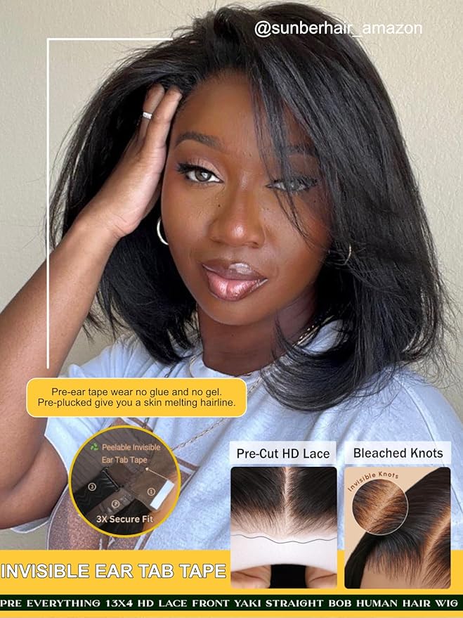 Sunber 13x4 Lace Front Human Hair Bob Wigs Pre Everything 12A Human Hair Bob Pre Plucked Invisible Knots 12Inch Short Bob Wig 150% Density Glueless Bob Wig